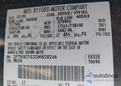 2003 Ford F-250 Lariat/Xl/Xlt из США, поврежденный, VIN 3FTNX21S33MB28246